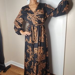Elegant Black & Gold Print Maxi with tie